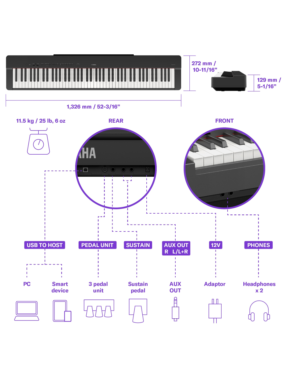 Yamaha P-225 88-Key Weighted Action Portable Digital Piano with Power Supply, great for beginners (Adaptor Included) - Image 6